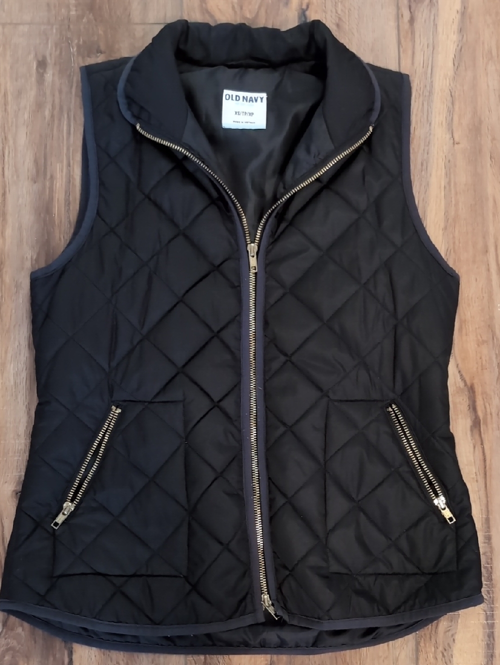 Old Navy Black Quilted Vest with Gold Zippers
